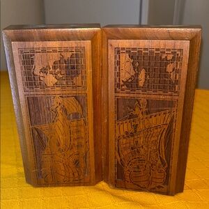 Laser craft Wooden Bookends with Nautical design of sailing ships & maps.
